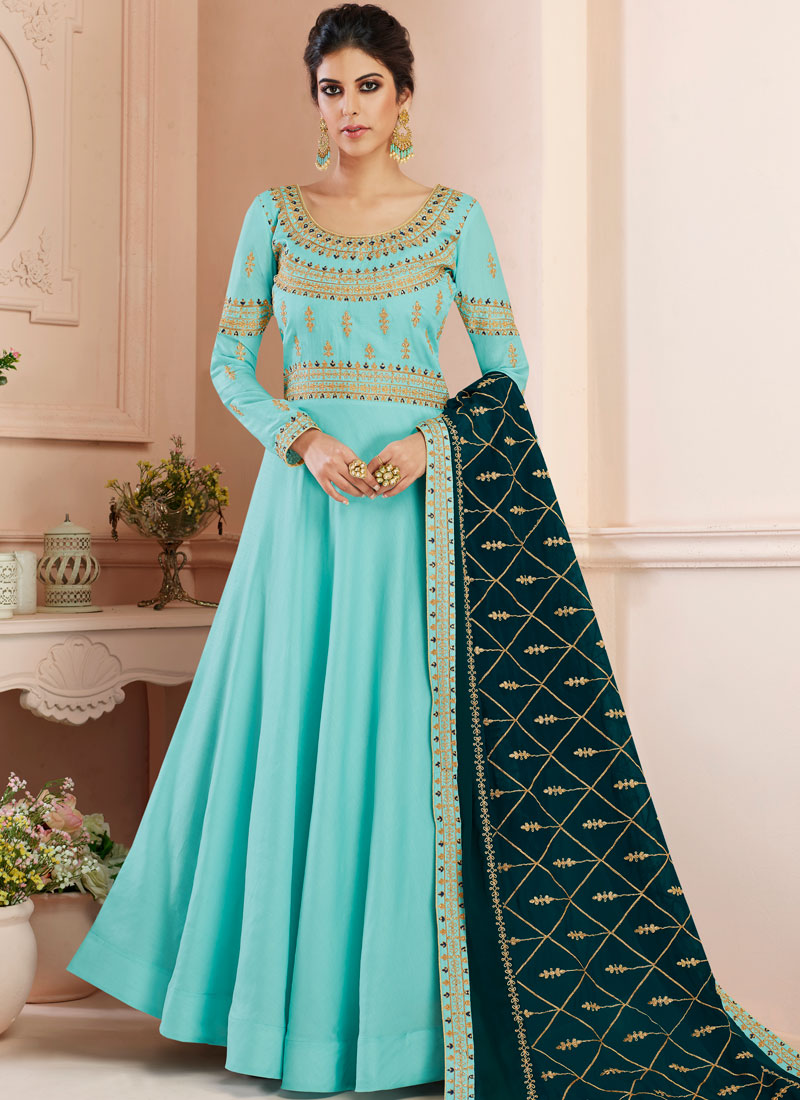 Buy Blue Tussar Silk Wedding Floor Length Anarkali Suit : 139605