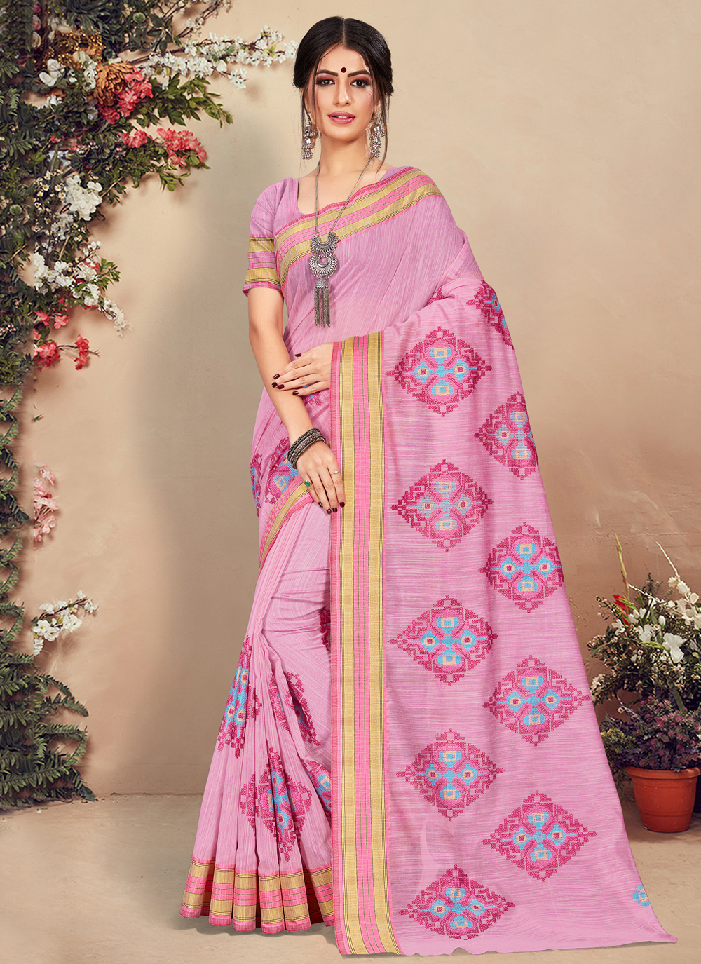 Buy Cotton Printed Pink Traditional Saree : 166601