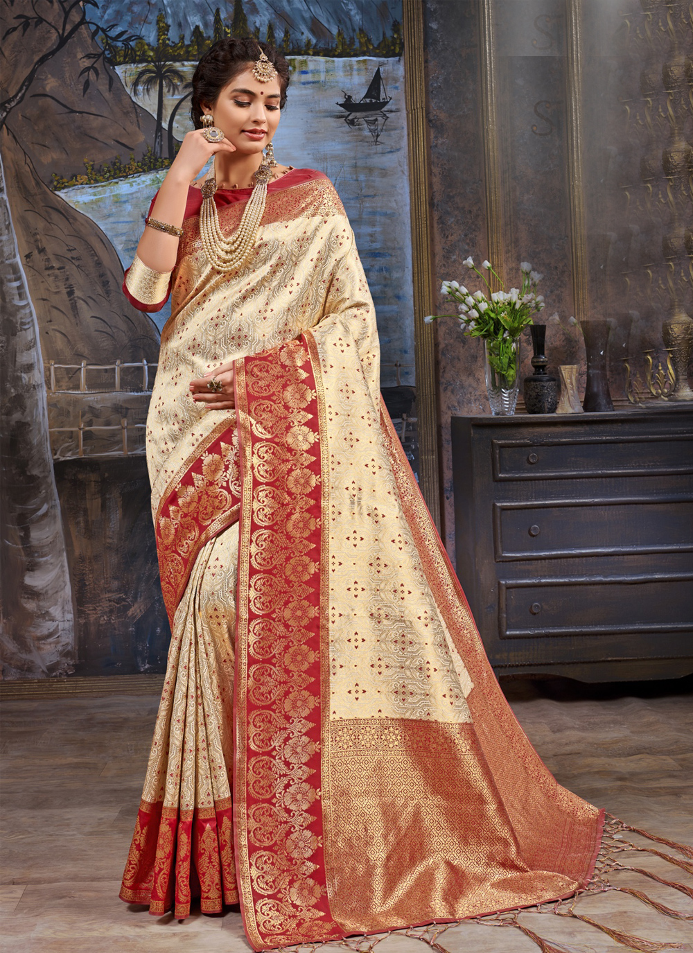 Beige Art Silk Printed Ethnic Saree Indian Pakistani Wedding Designer Sari 