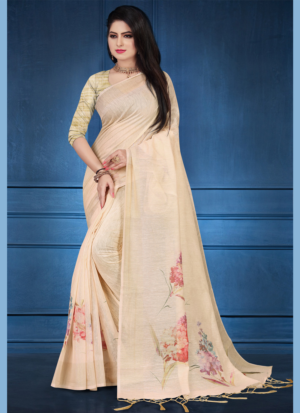 cream colour net saree