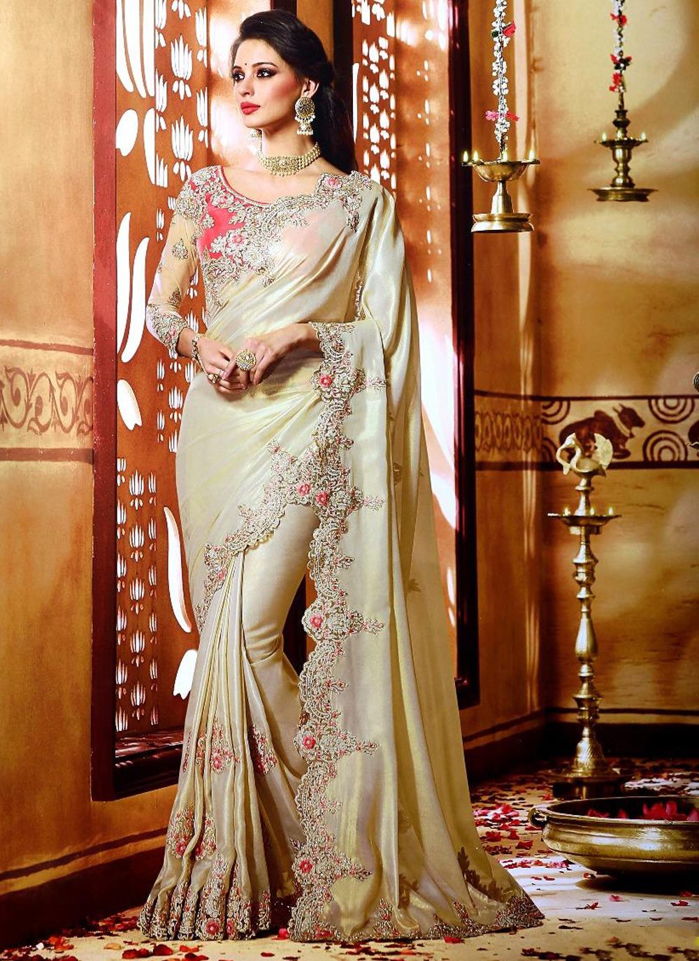 cream colour net saree