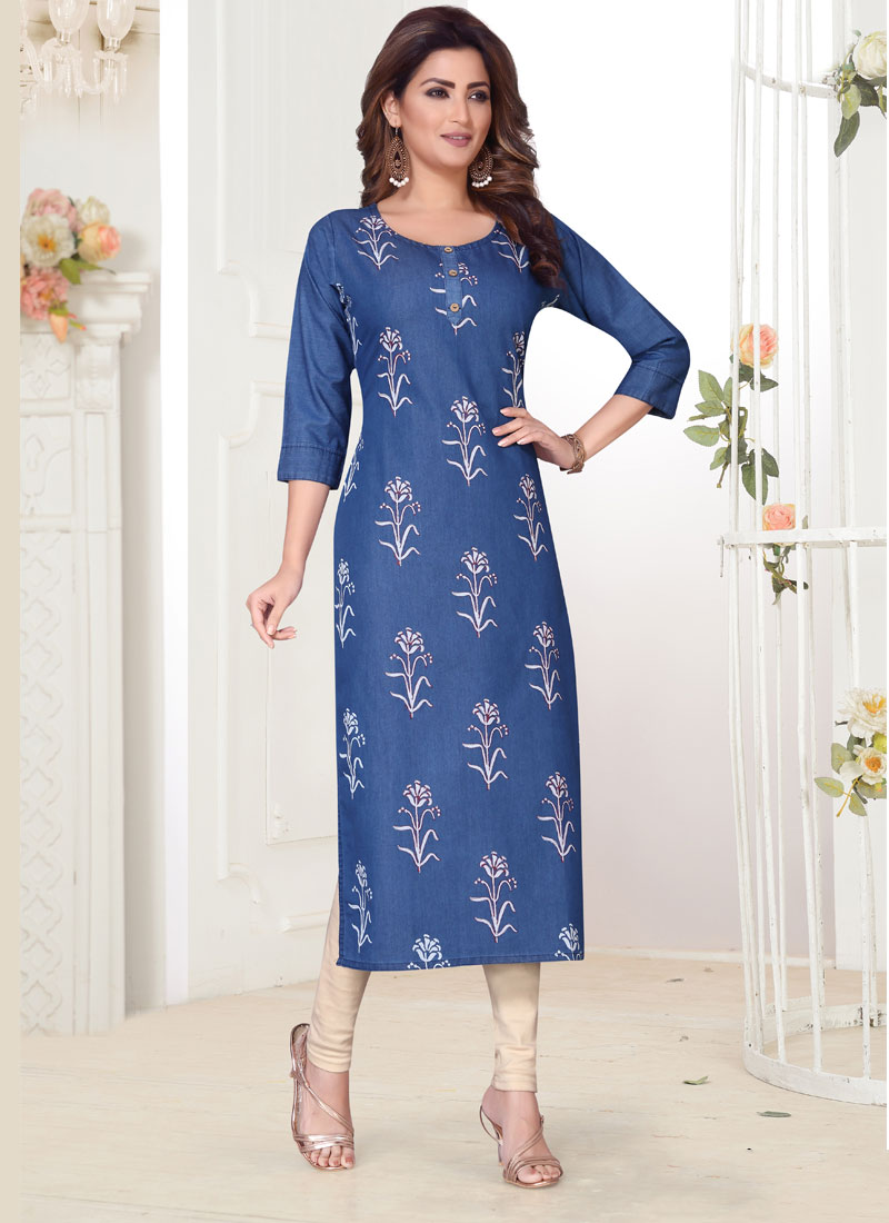 Buy Denim Embroidered Blue Churidar Designer Suit Online 146075