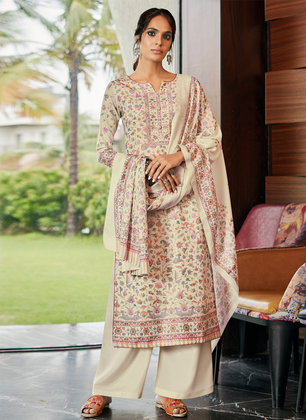 pashmina 5 点セット Shop Online Digital Print Cream Pashmina Salwar Kameez