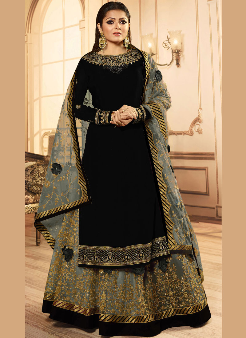 Voolka Black and Blue thread work Georgette cotton Lehenga Choli designer  Set - VOOLKA - 4202712