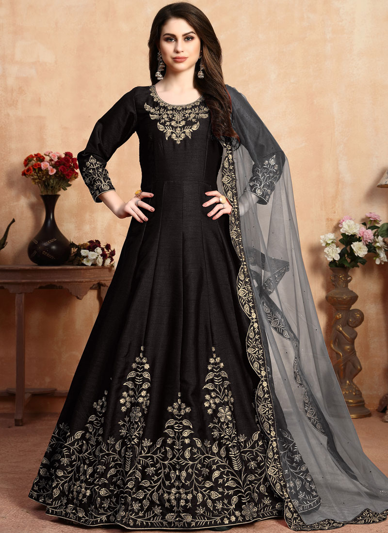 Shop Online Embroidered Art Silk Salwar Suit in Black : 145321