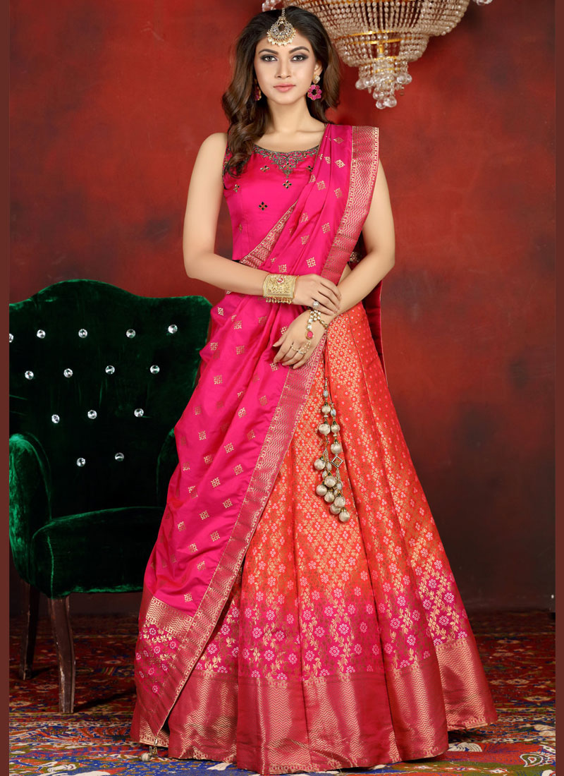 Orange Georgette Embroidered Choli With Georgette Lehenga And Hot Pink Soft  Net Frills