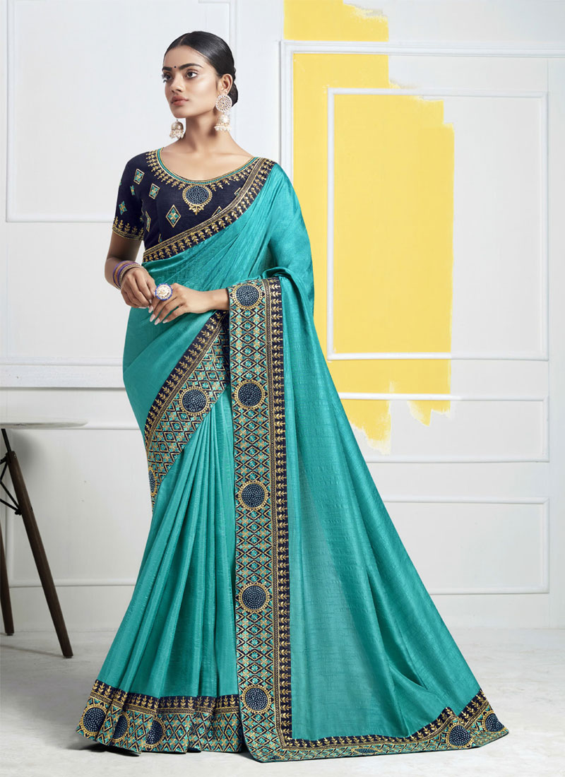 Shop Online Embroidered Blue Traditional Saree : 154758