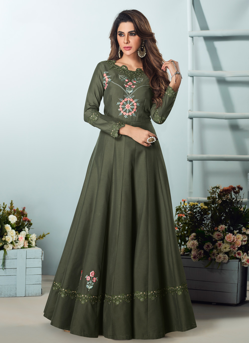 Leela Hit Long Gown Kurti With Fancy Button In Blue Color