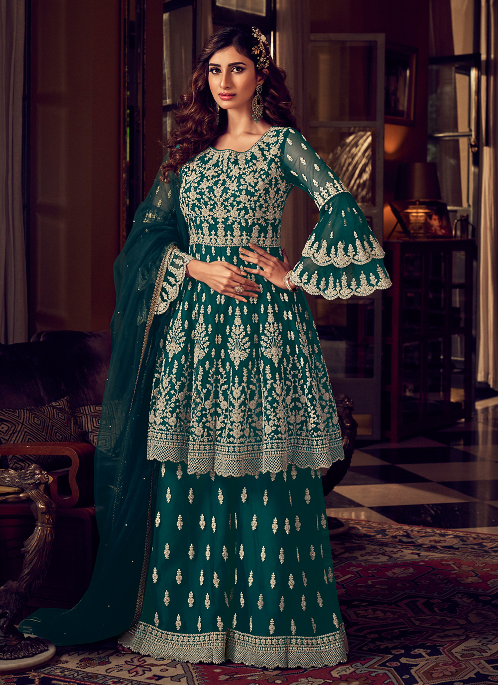 Buy Embroidered Green Net Trendy Salwar Suit Online