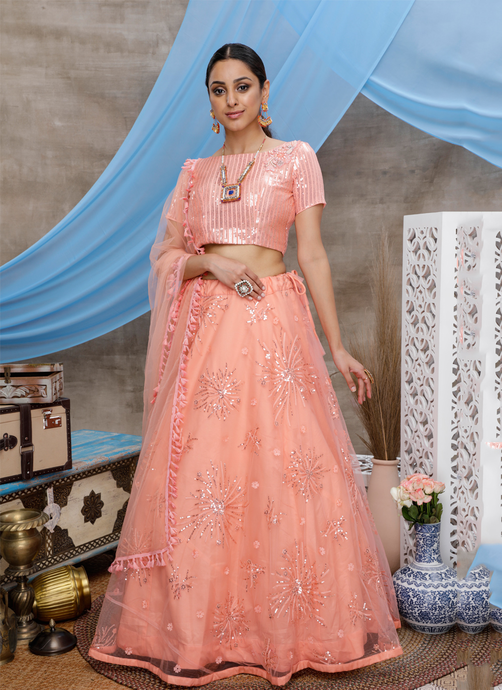 striking cotton and net peach wedding designer lehenga choli