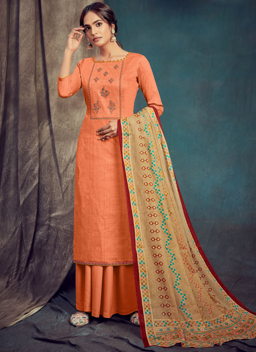 Shop Embroidered Orange Fancy Fabric Salwar Suit Online : 156191