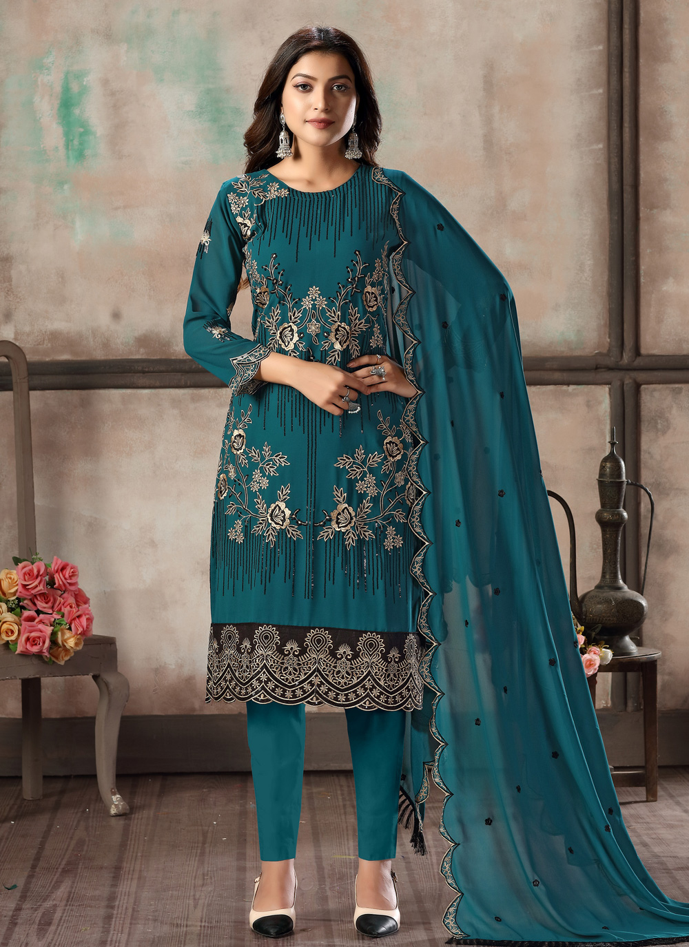 Shop Online Embroidered Party Pant Style Suit : 162458