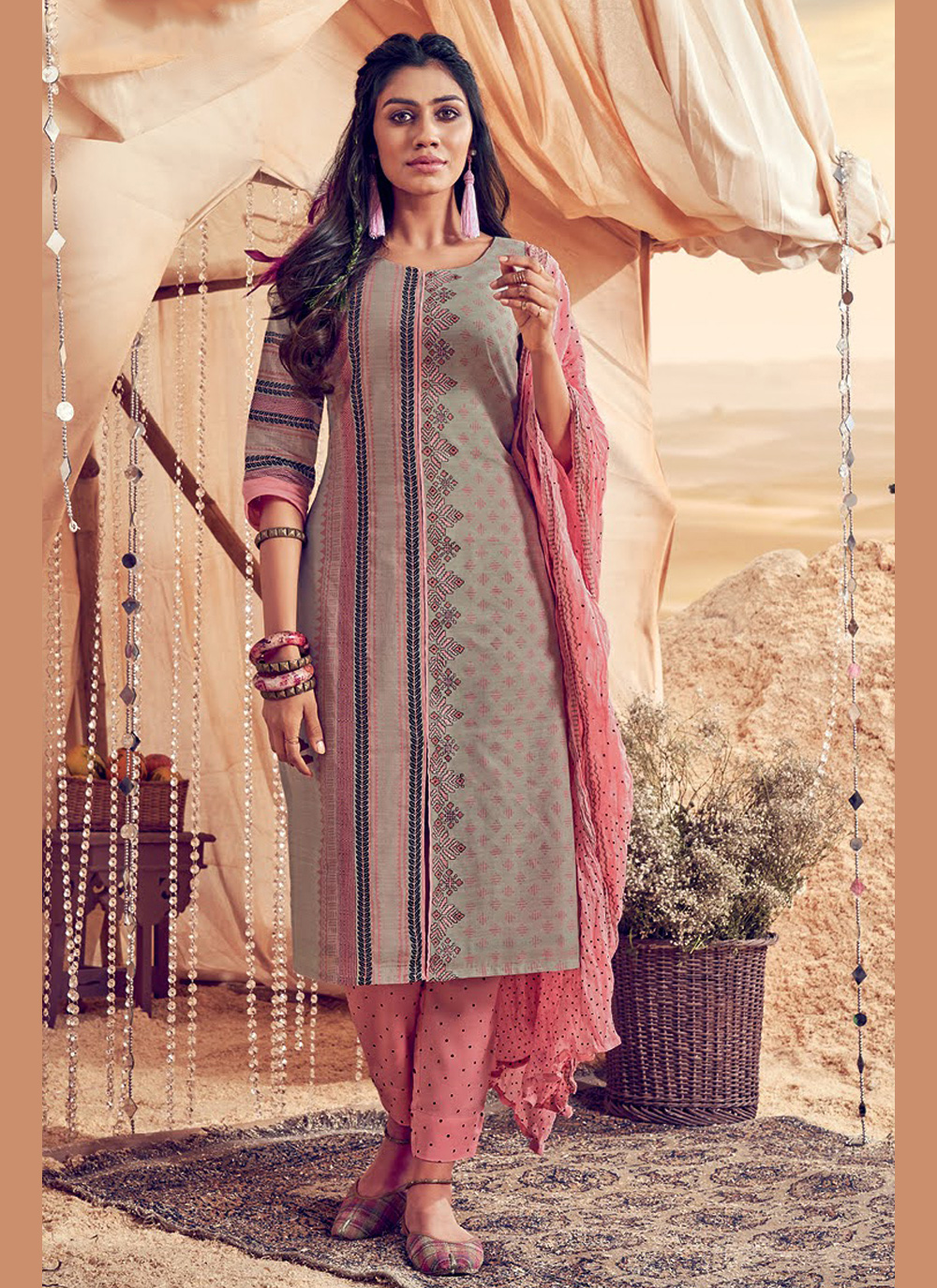 Buy Embroidered Polly Cotton Grey Salwar Suit Online 161220