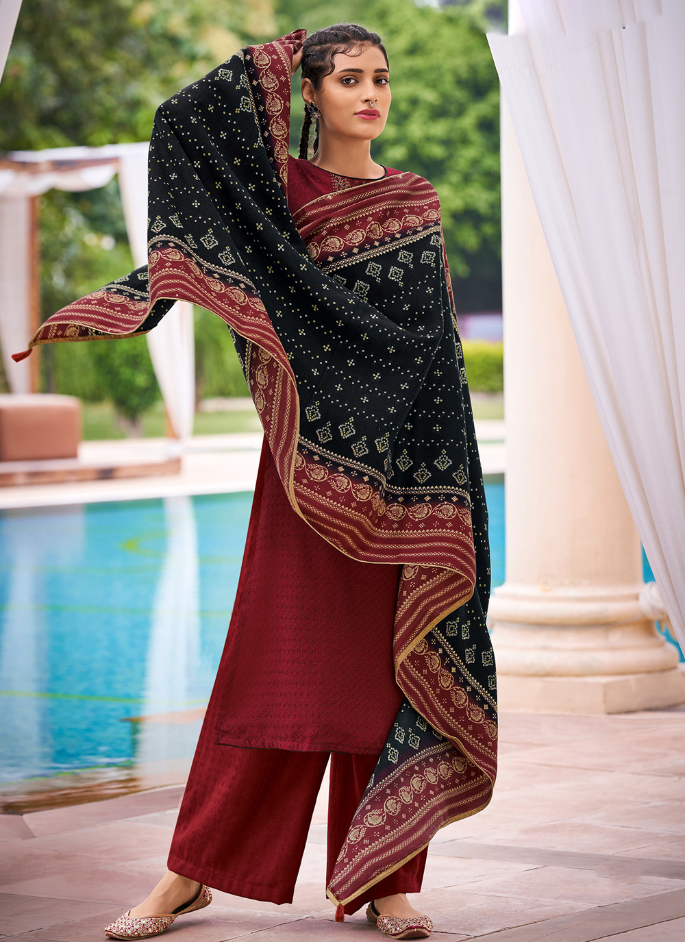 Buy Embroidered Red Pashmina Salwar Kameez Online