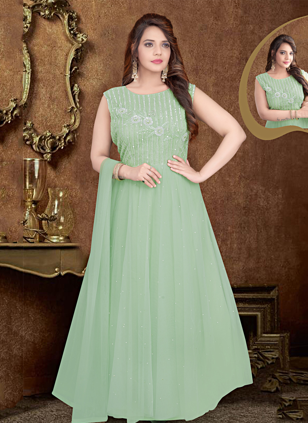 Buy Embroidered Sea Green Designer Gown ...