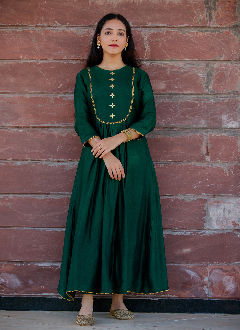 Forest green cotton silk dress with Khun combination  Sujatra