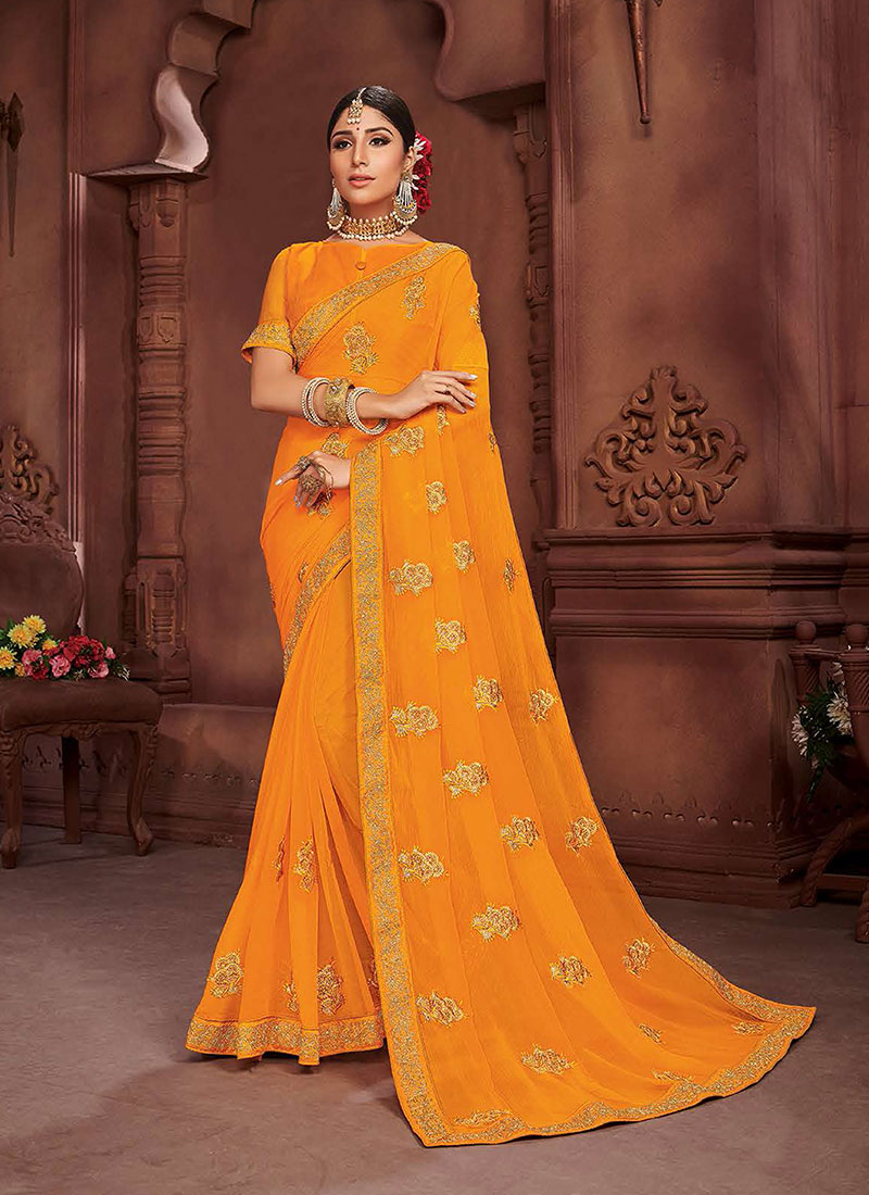 Buy Online Faux Chiffon Embroidered Mustard Classic Saree 151955