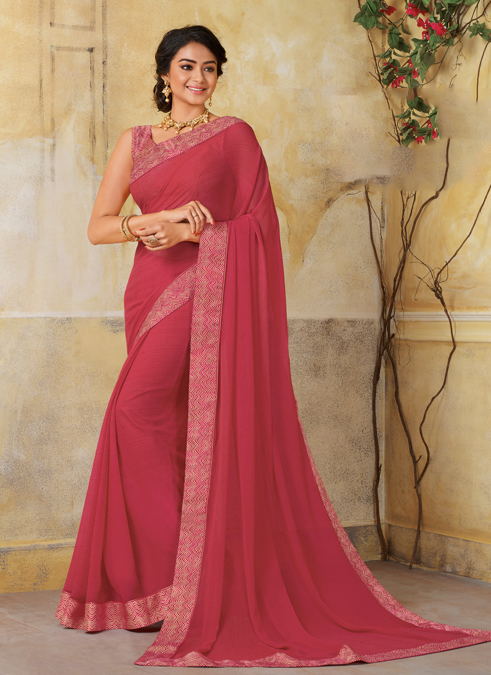 Shop Online Faux Chiffon Print Bollywood Saree in Pink : 156683 ...