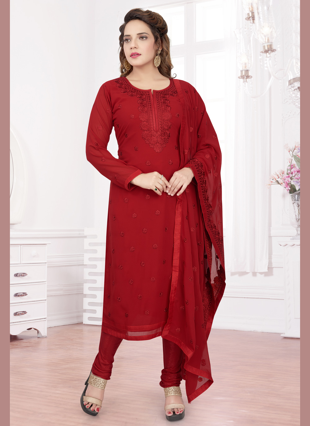 Georgette Red Designer Straight Salwar Suit buy online