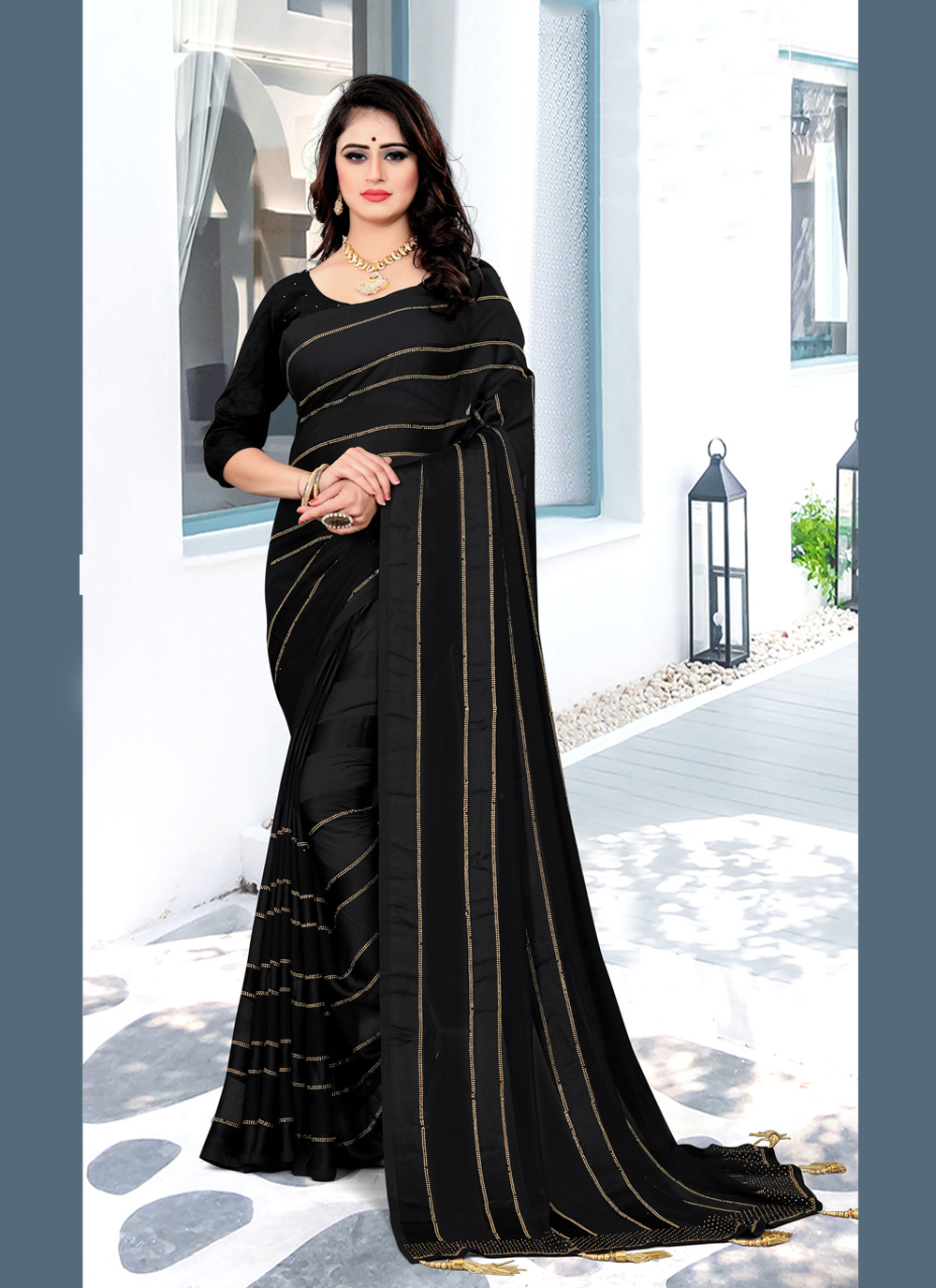 Buy Online Georgette Satin Black Classic Saree : 167646