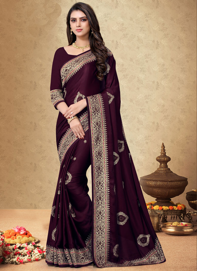 Shop Satin Purple Embroidered Designer Saree Online 154353