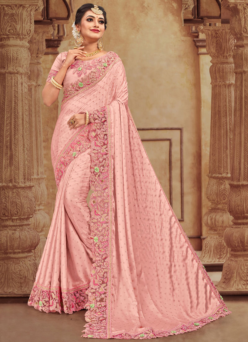 Buy Baby Pink Crepe Silk Stone Work Saree | Appelle Fashion