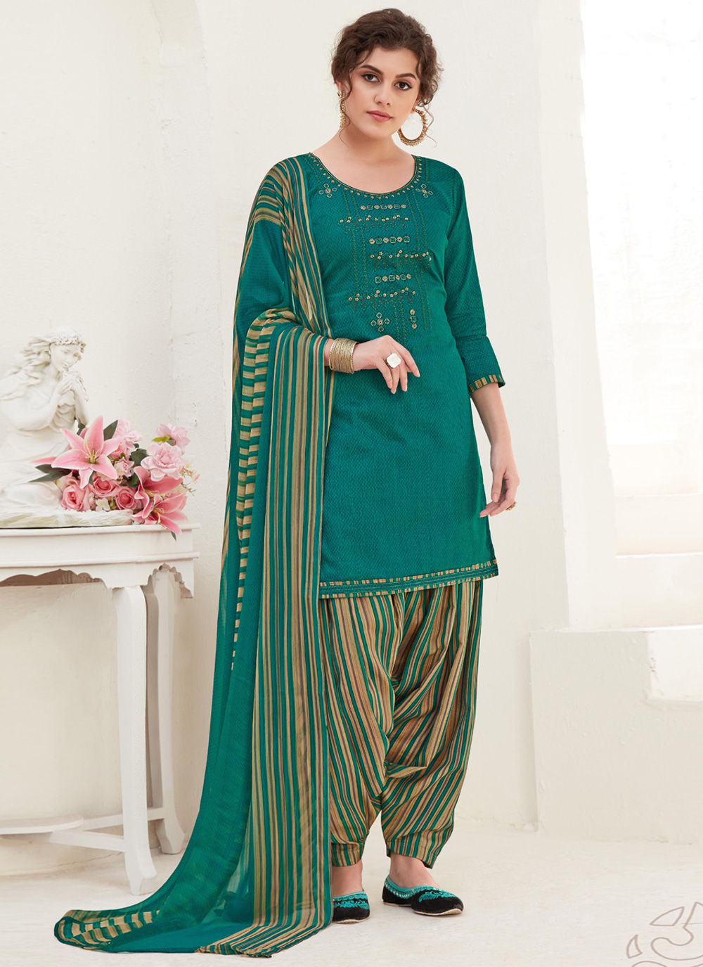 Green Cotton Designer Patiala Suit Buy Online