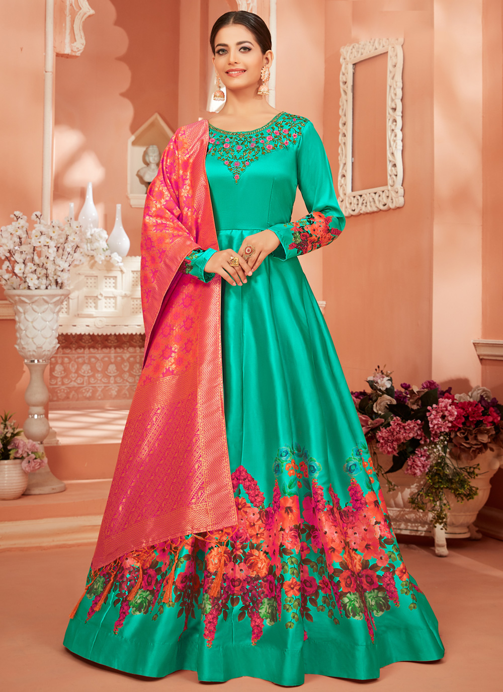 Buy Green Printed Anarkali Salwar Kameez Online