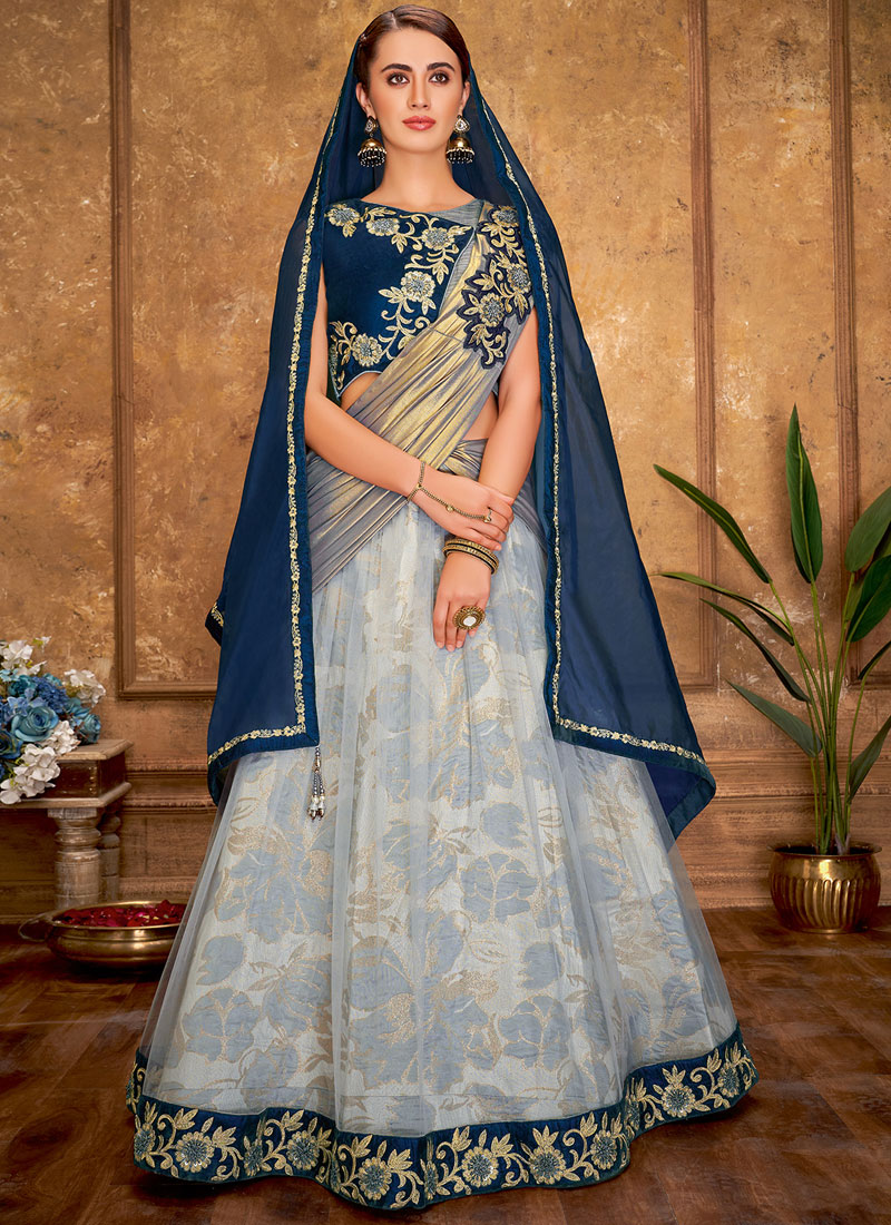 GREYISH BLUE LEHENGA SET WITH ALL OVER 'BAADLA' SILVER EMBROIDERY PAIRED  WITH A MATCHING DUPATTA AND SILVER HIGHLIGHTS. - Seasons India