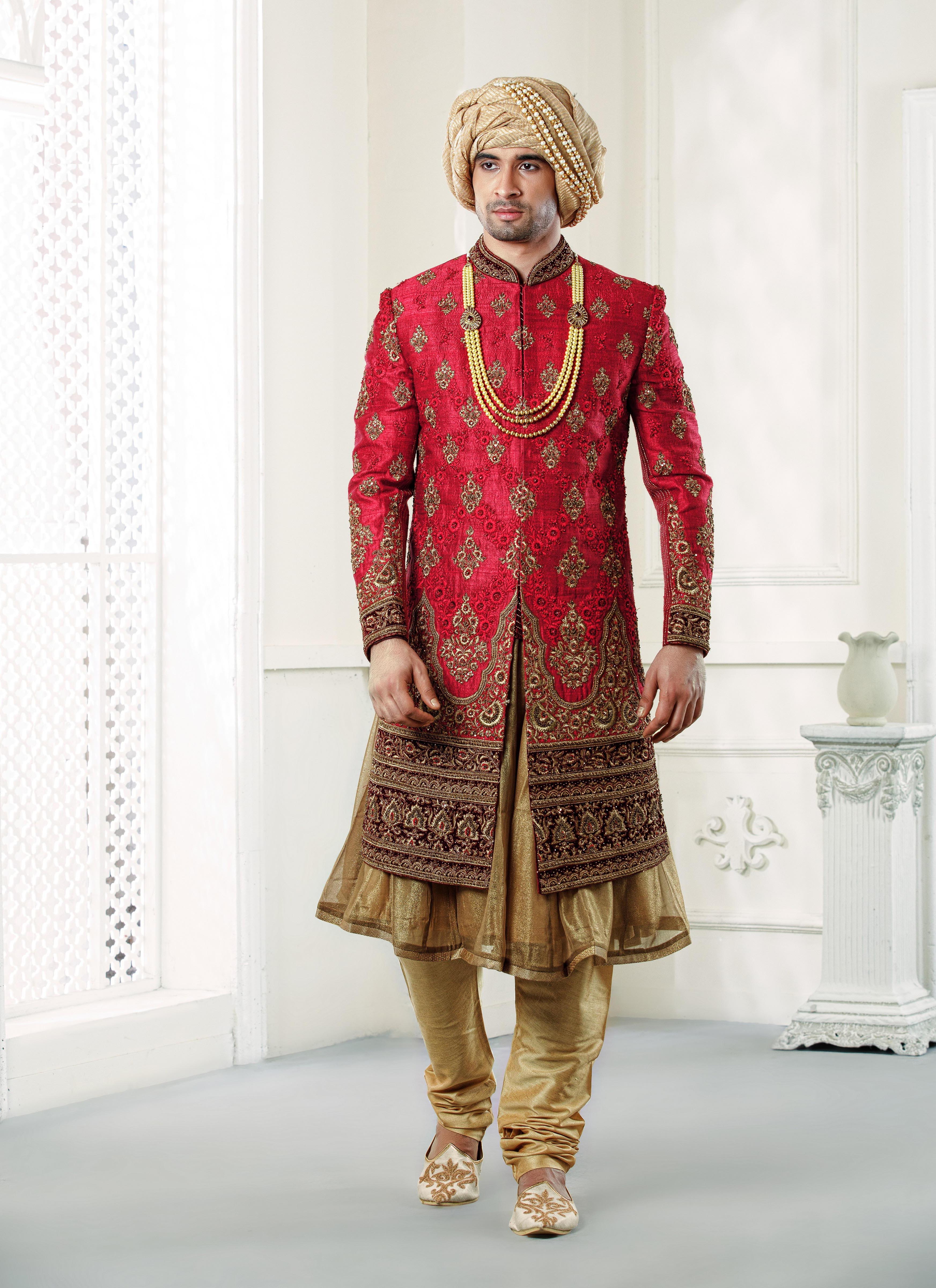 Shop Online Jacquard Embroidered Sherwani in Red : 162244
