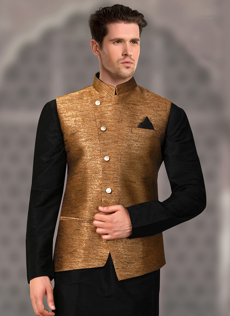 Shop Online Jacquard Nehru Jackets in Gold : 139952