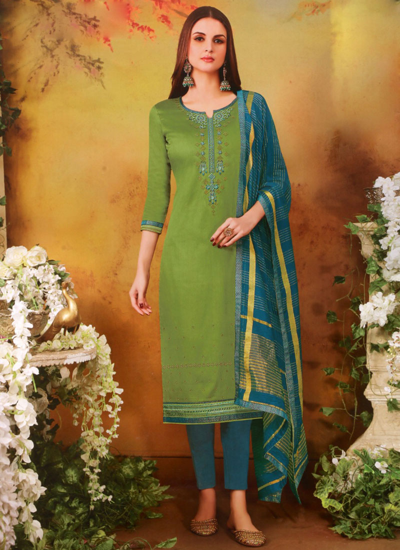 Buy Jamawar Silk Resham Pant Style Suit in Green Online
