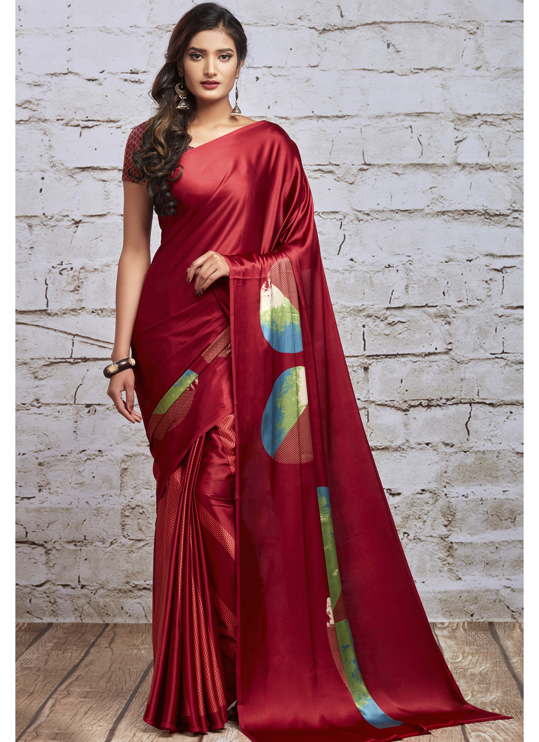 Wine Embroidered Border Satin Saree & Blouse 5719SR04