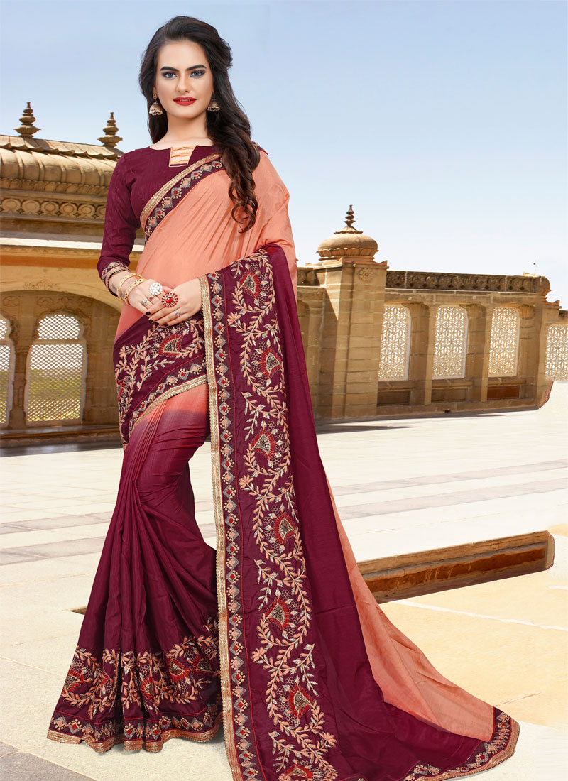 Buy Deep Ruby and Coral Peach Silk Saree With Blouse Online - SARV01555 |  Andaaz Fashion