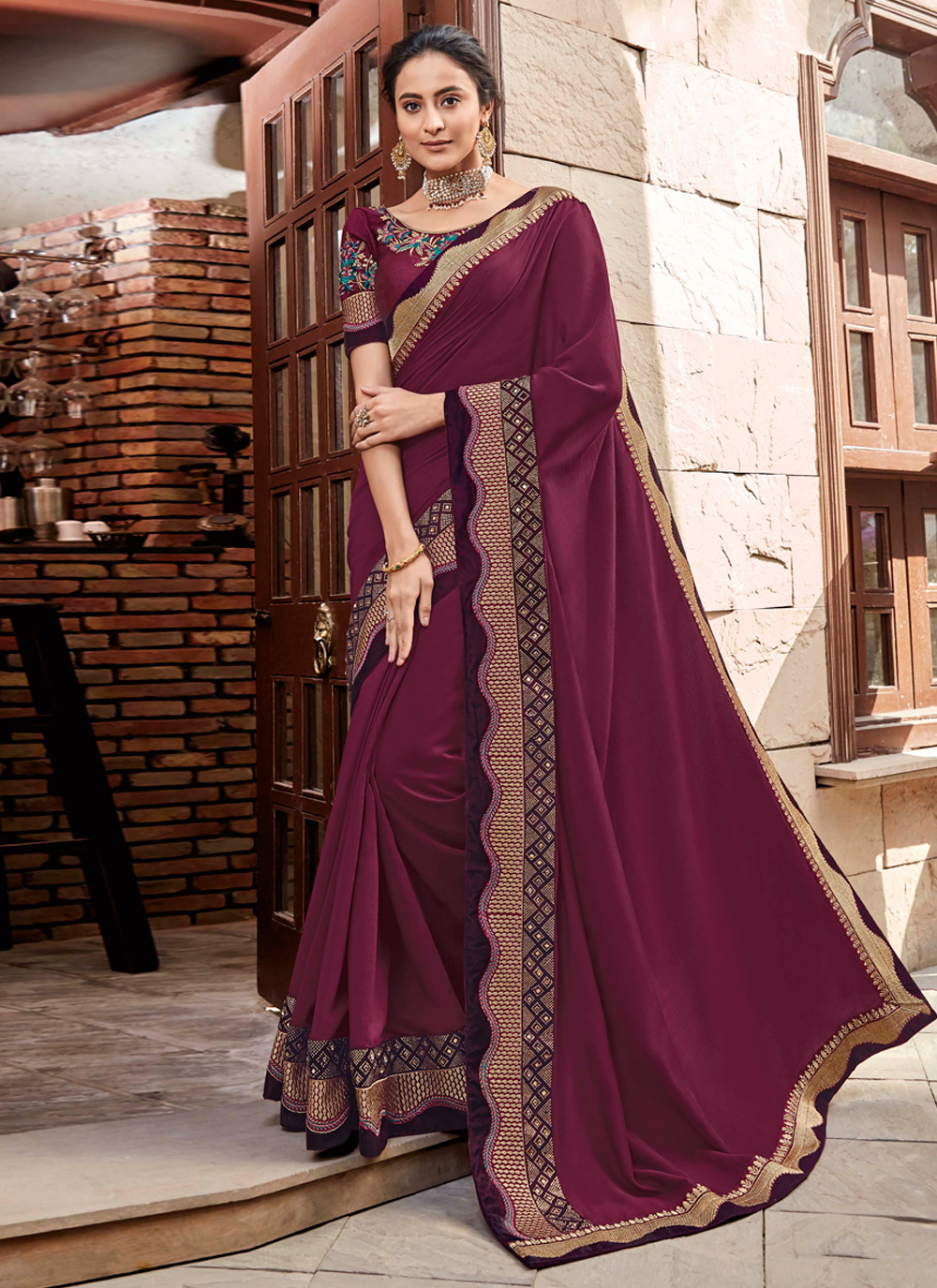 maroon reception saree