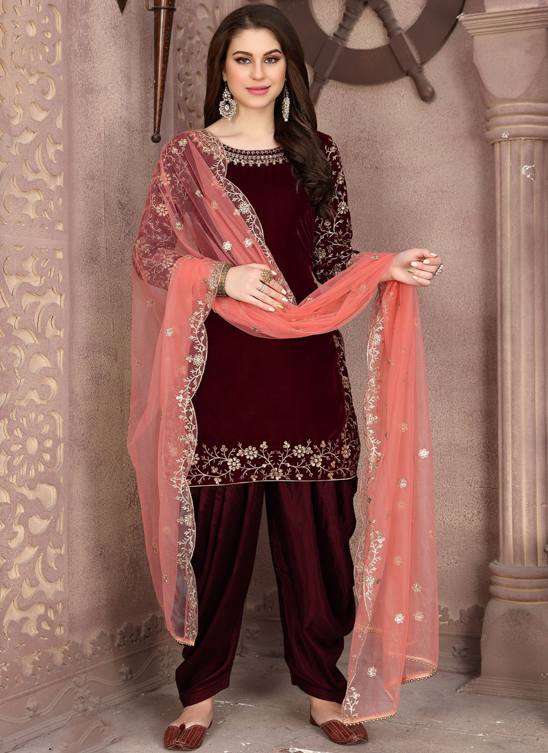 Buy Maroon Velvet Designer Patiala Suit : 140570 - Salwar Kameez