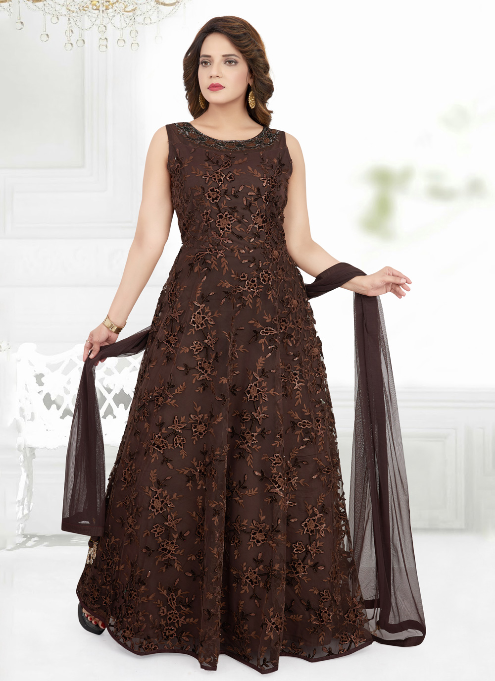 Shop Online Net Anarkali Suit in Brown : 158536