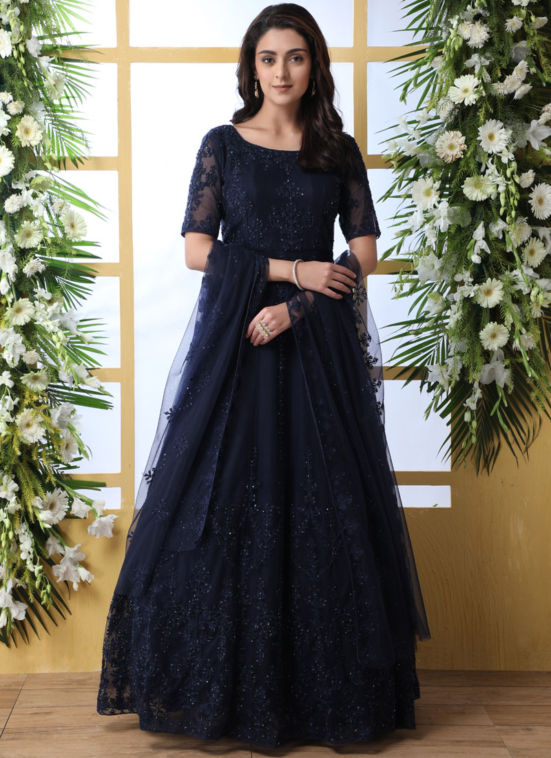 Net Blue Color Embroidered Party Wear Gown