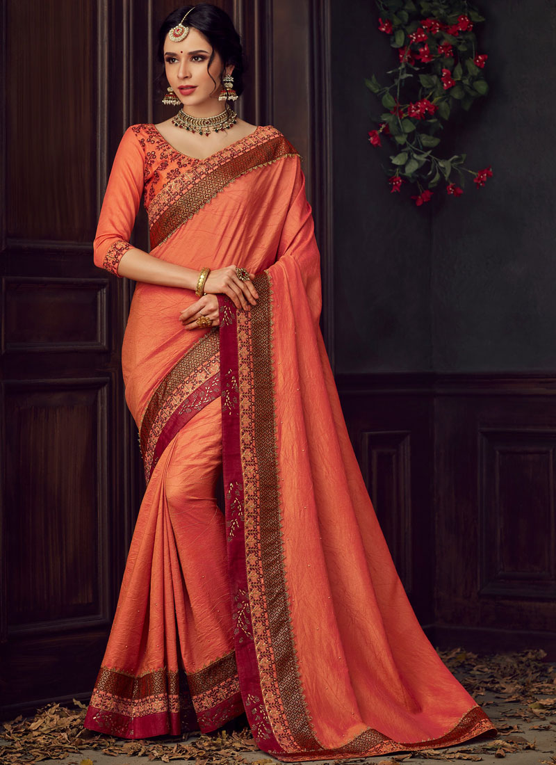 Shop Orange and Peach Reception Poly Silk Classic Designer Saree