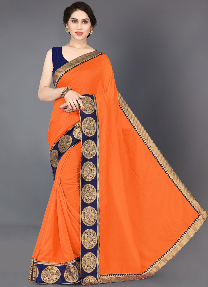 Orange-Blue, Cotton Silk, Bandhani Saree with unstitched blouse piece