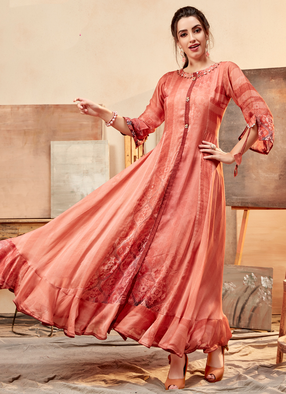 Buy Peach Festival Faux Chiffon Designer Kurti 166761