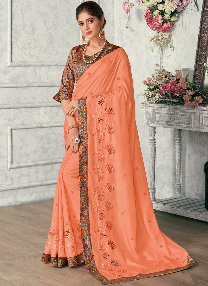 Buy Peach Satin Silk Designer Saree Online 138906 Saree 