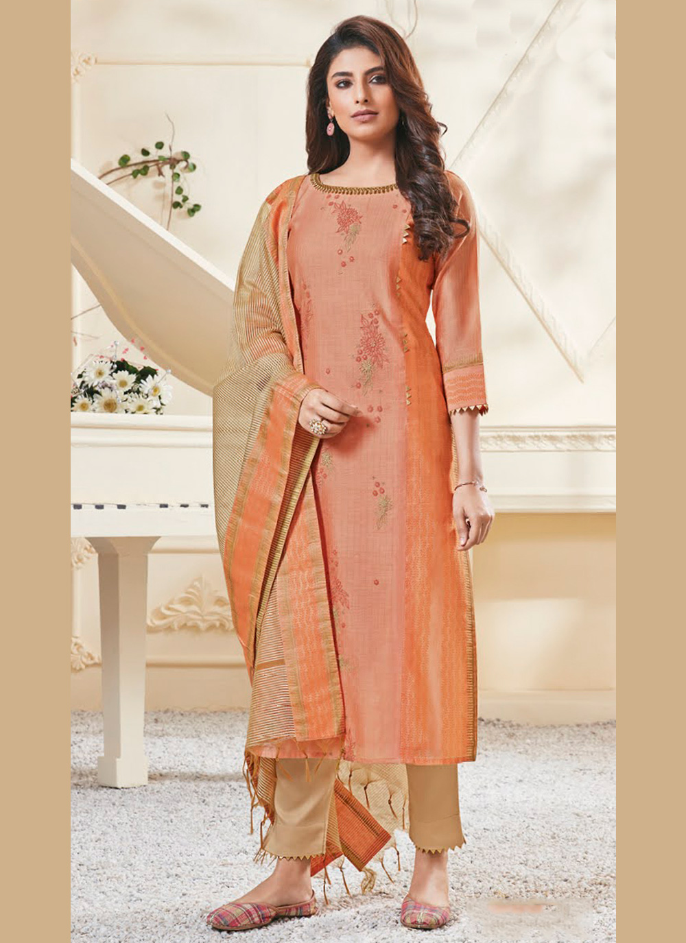 Buy Polly Cotton Embroidered Designer Straight Salwar Suit Online