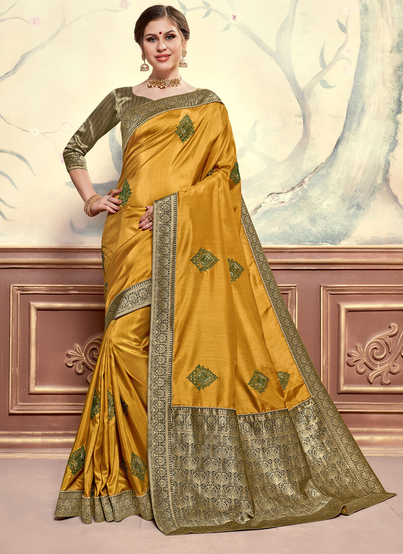 Buy Poly Silk Embroidered Mustard Classic Designer Saree Online