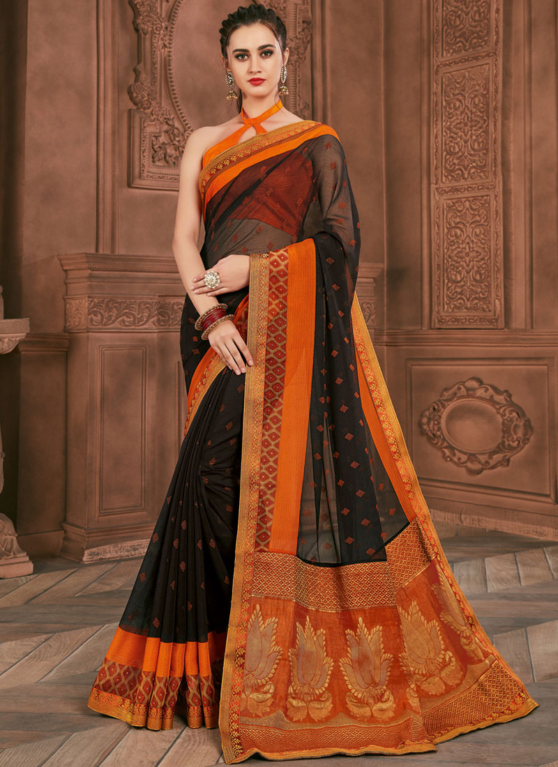 Orange Blue Half n Half Saree Party Wear Indian Ethnic Wedding Designer Sari  | eBay