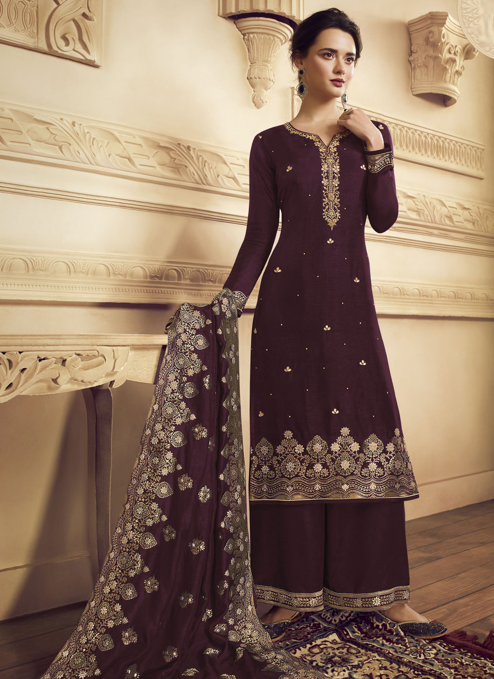 Buy Purple Embroidered Faux Crepe Bollywood Salwar Kameez Online : 162815