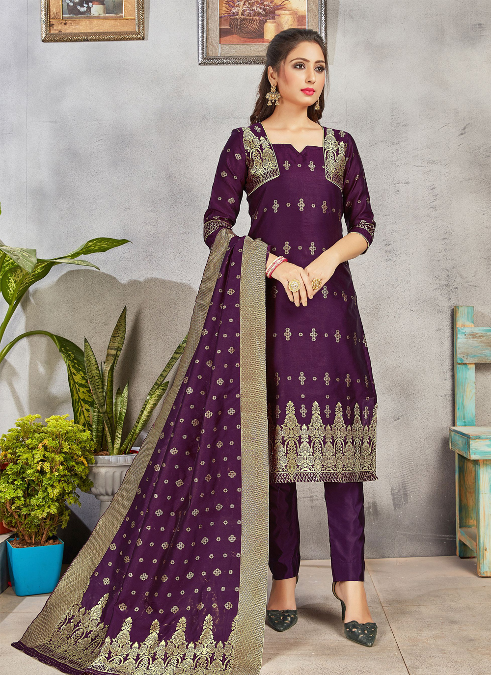 Shop Purple Weaving Festival Pant Style Suit Online : 164288