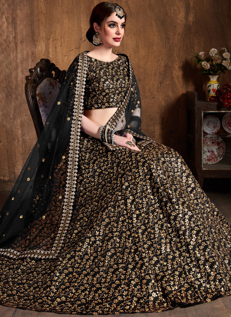 Buy Raw Silk Black Embroidered Lehenga Choli Online -
