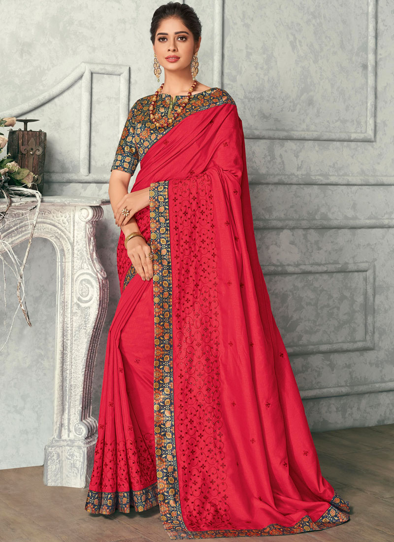 Buy Online Red Embroidered Satin Silk Designer Saree 138899 Saree