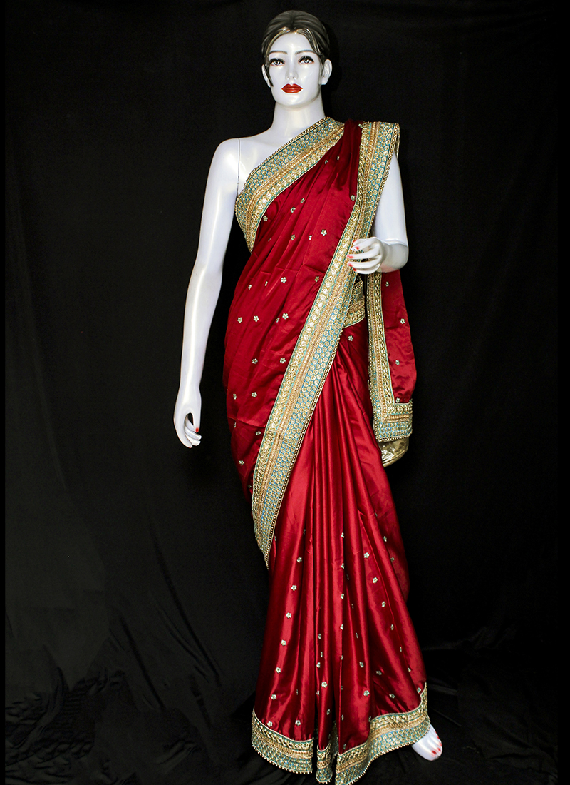 Red Satin Designer Saree buy online - Wedding Sarees